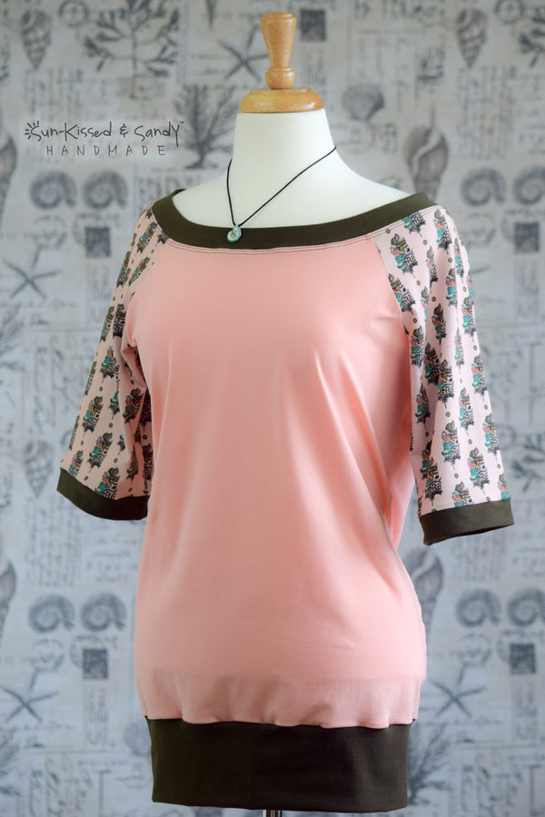 Peach Boho Feathers Boat Neck Raglan Top Ready To Ship